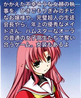 A game where an enclosed short young lady, a perfect class representative, a slightly elder classy maid, a normal high school girl with the aura of a hamster, among others, try to win an unlucky-looking girl-faced butler with a debt ... [truncated]